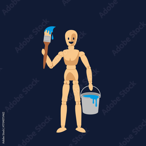 Wooden mannequin holding a paintbrush and a bucket of blue paint.