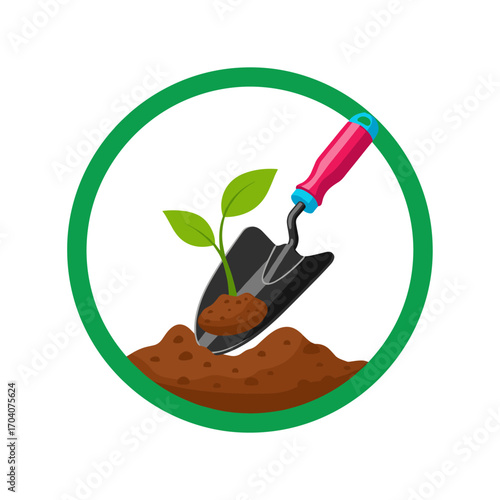 Gardening Trowel Planting Young Green Sprout in Soil.