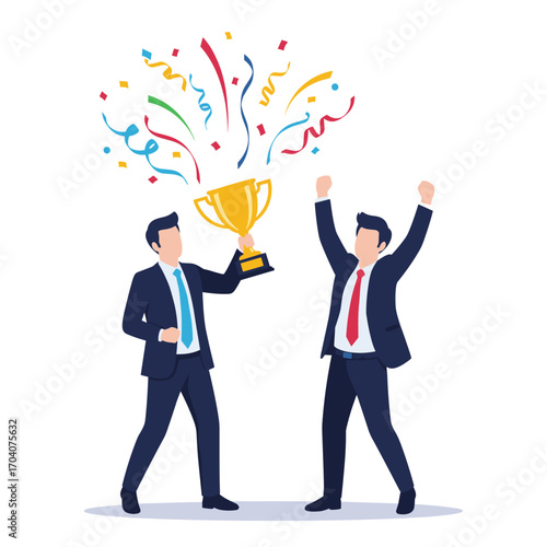 Two businessmen celebrate winning a trophy with confetti.