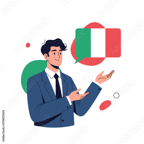 Man speaking Italian language with Italian flag illustration.