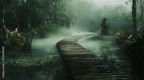 Wooden boardwalk through a misty, green jungle with lush foliage and water
