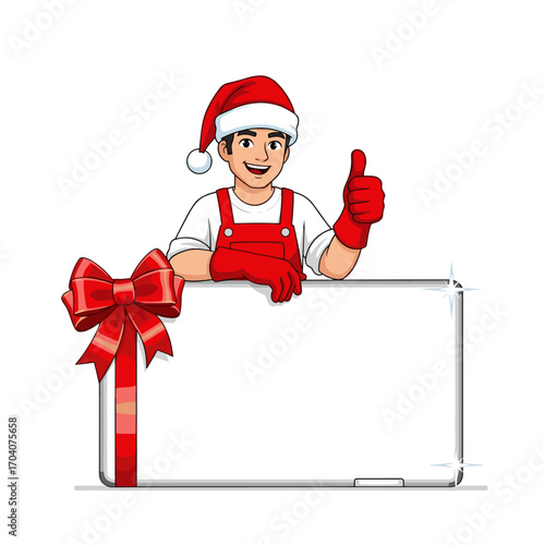 Christmas worker giving thumbs up behind a gift-wrapped sign.