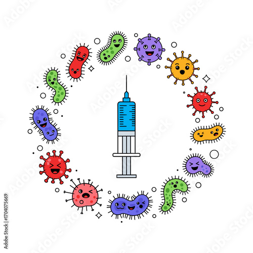 Cute cartoon virus characters surrounding a medical syringe illustration.