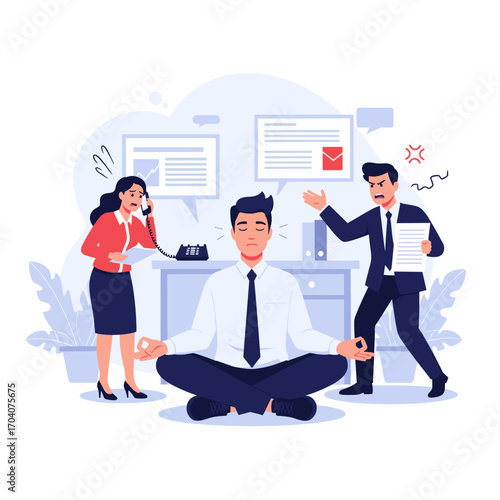 Man meditating calmly in office while colleagues argue around him.