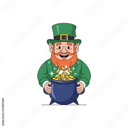 Leprechaun Holding Pot of Gold Coins.