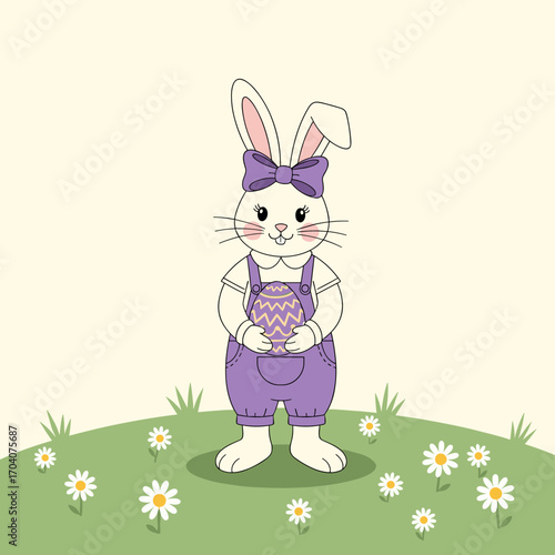 Cute Easter Bunny Holding Decorated Egg in Flower Field.
