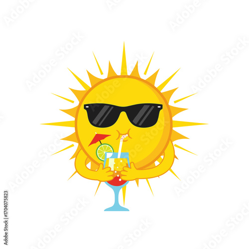 Cartoon Sun Wearing Sunglasses Drinking Cocktail.