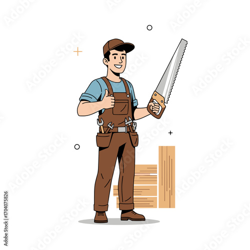 Carpenter holding a saw and giving a thumbs up.