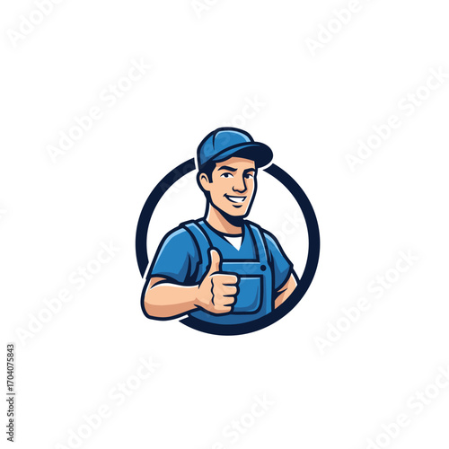Happy handyman giving thumbs up in circle logo.