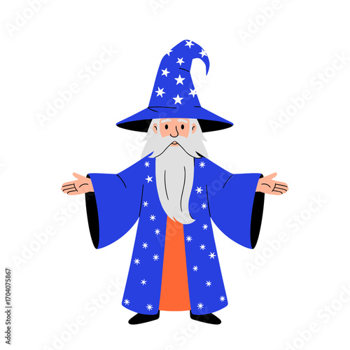 A cartoon wizard with a long white beard and a blue star-covered hat and robe.