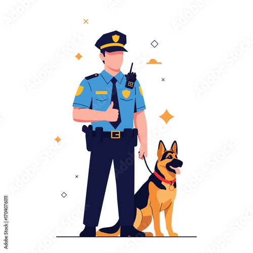 Police Officer Standing With German Shepherd Dog.