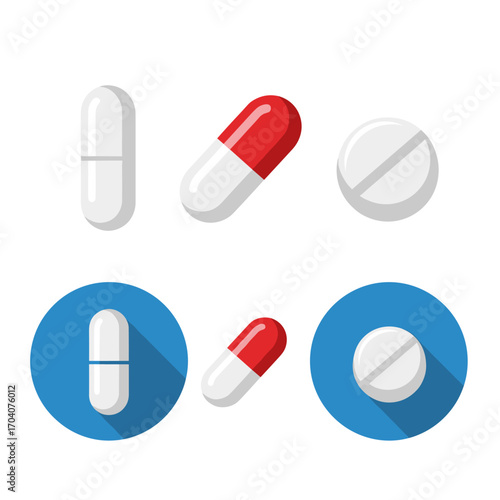 Set of Medical Pills and Capsules Icons Vector Illustration.