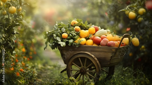 Harvest Bounty A Wooden Cart Overflowing with Fresh, Ripe Produce in a Sun-Drenched Garden