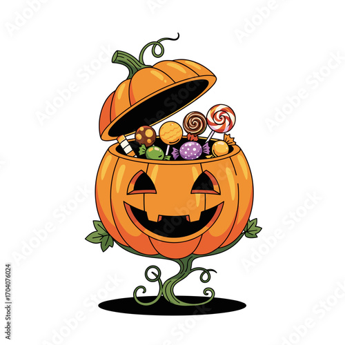 Halloween pumpkin overflowing with colorful candies and lollipops.