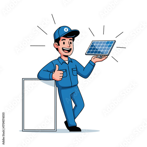 Happy solar panel technician showing thumbs up and solar panel.