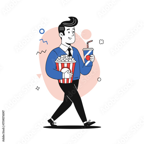 Man walking with popcorn and soda to movie theater.