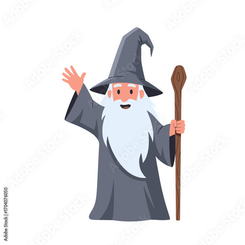 Friendly wizard with long white beard and staff waving hello.