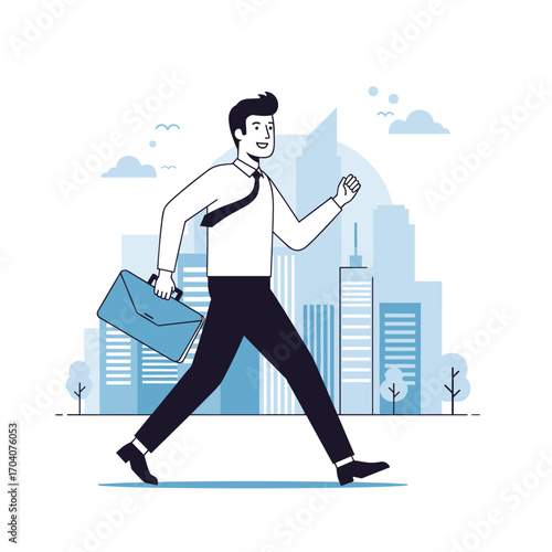 Man in Suit Walking with Briefcase in City.