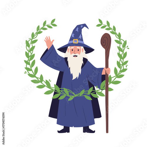 Wizard with a beard and staff surrounded by a wreath.