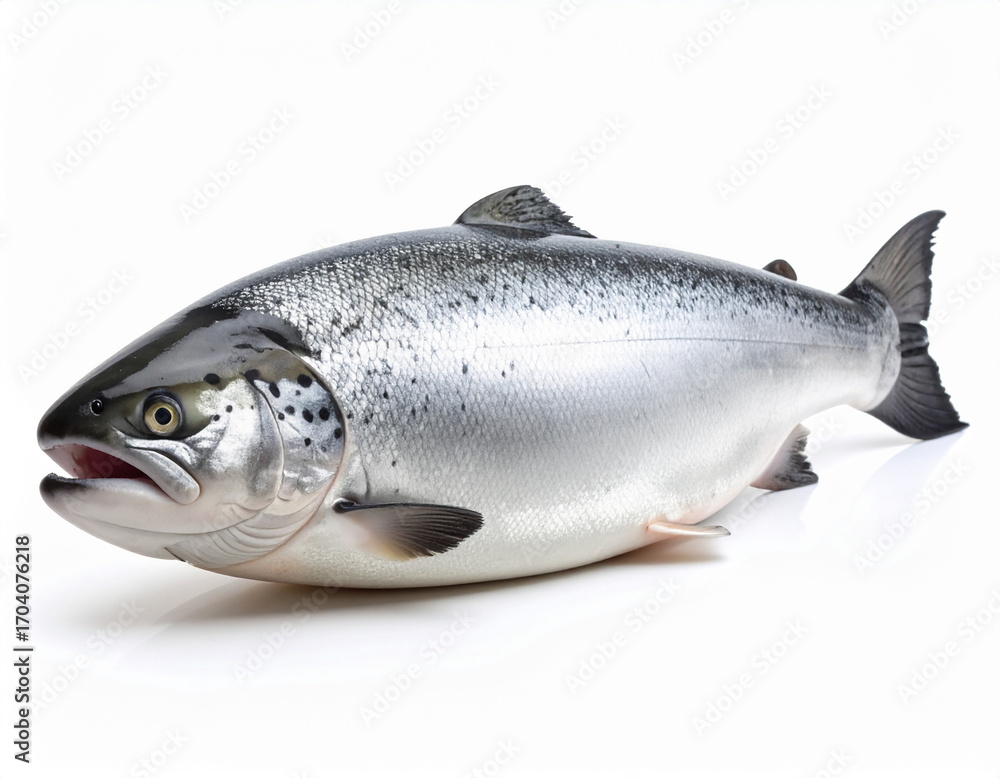 Obraz premium Freshly Caught Salmon Fish Isolated on White Background, Studio Shot