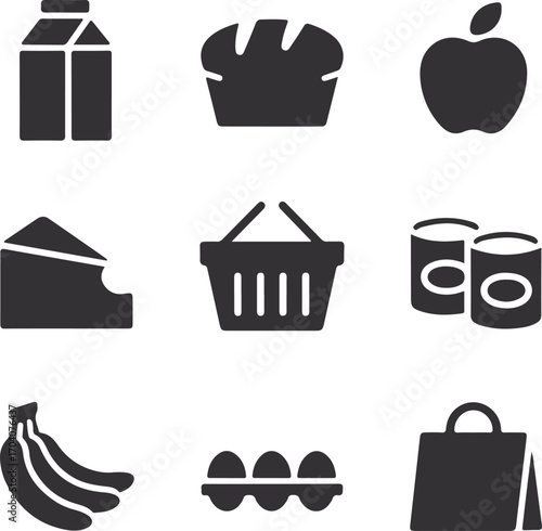 Grocery icon vector set, silhouette food shopping basket, milk, bread, apple, banana, egg, cheese, canned goods bag design illustration