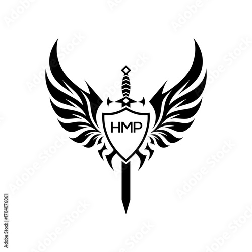 HMP  "Warrior Shield and Sword Emblem with Wings Logo," HMP Later Logo,  "Black Tribal Winged Sword Crest Vector," 
