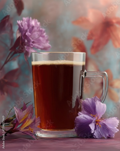 Floral Transparent Glass with Coffee Tea Fusion and Delicate Blooms