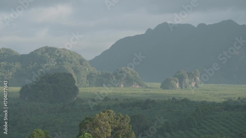 Sunrise view with mist over mountains and forest at Din Daeng Doi, Krabi, Thailand, creating a serene and dramatic natural landscape.