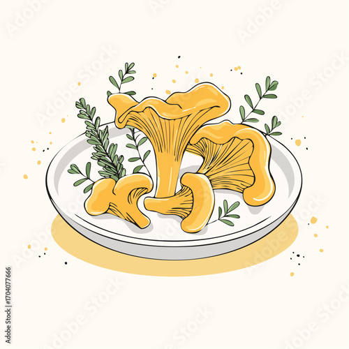A delicate hand-drawn illustration of golden chanterelle mushrooms freshly foraged and served on a plate with aromatic herbs