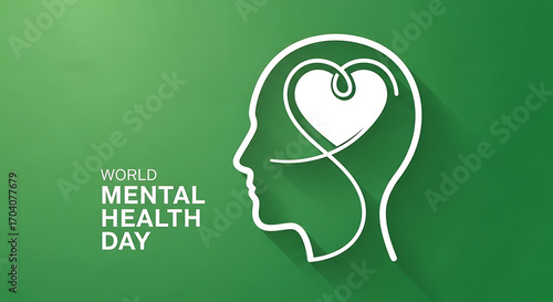 World Mental Health Day Conceptual Illustration with Brain Heart Connection and Green Background