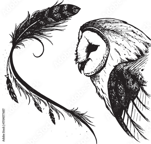 Wisdom in Monochrome: A delicate black and white illustration showcases the refined profile of an owl alongside an intricate feather, evoking a sense of mystery and the ethereal beauty.