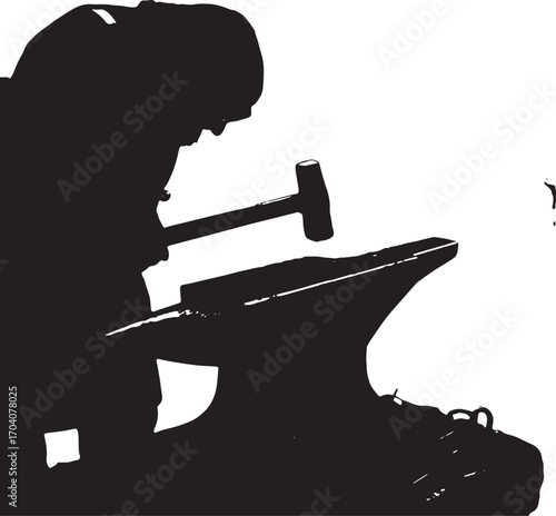 Forging the Future: A craftsman in silhouette is meticulously working on an anvil, the hammer poised in mid-strike against the backdrop of industry and skill.