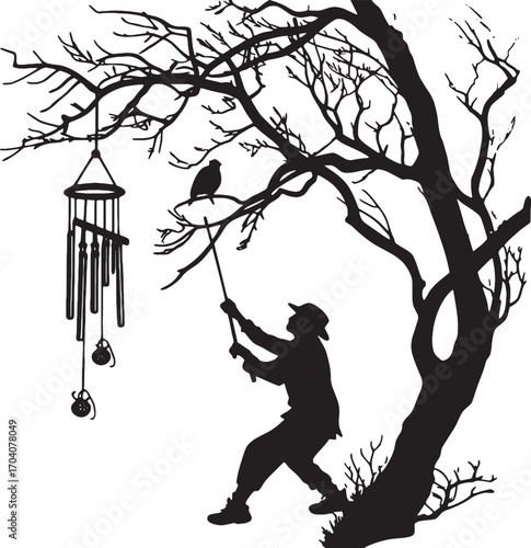Harmony of the Hunter and the Winds: A silhouette of a solitary figure immersed in an enchanting scene, carefully adjusting the wind chime and connecting with nature.
