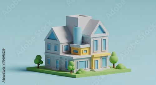 A charming 3d render showcases a delightful twostory house with a chimney, surrounded by lush green trees and bushes against a serene blue backdrop