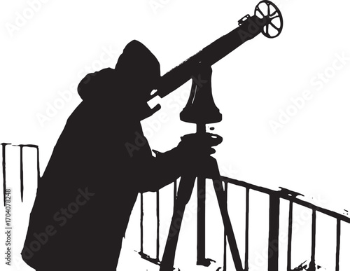 Silhouette of Astronomer gazing: This image captures the silhouette of an astronomer gazing through a telescope. The scene portrays the curiosity of exploration, discovery, and the vastness of space.
