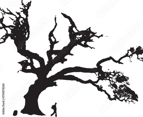 Nature's Embrace: An artistic silhouette, portraying the raw beauty of nature, the gnarled branches of an ancient tree, with a person at the base for scale, suggesting exploration and serenity.