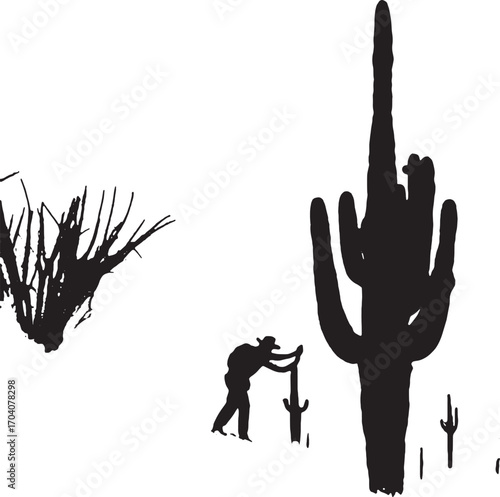 Lone Explorer in the Desert: A silhouette of a solitary explorer navigates a stark desert landscape, encountering a towering cactus and other sparse desert vegetation, evoking the spirit of adventure.