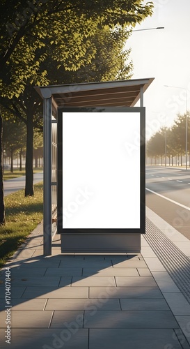 Blank billboard at a sunny bus stop with trees and a paved path, ready for advertising or promotional content to be displayed