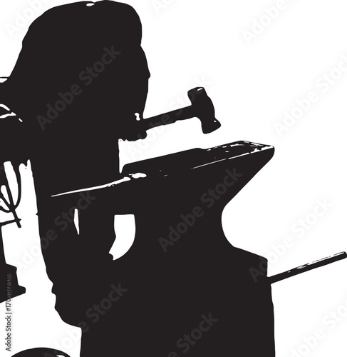 Forge Silhouette: A detailed black silhouette of a figure engrossed in metalwork, the rhythmic dance of the hammer and anvil at the heart of the craft.