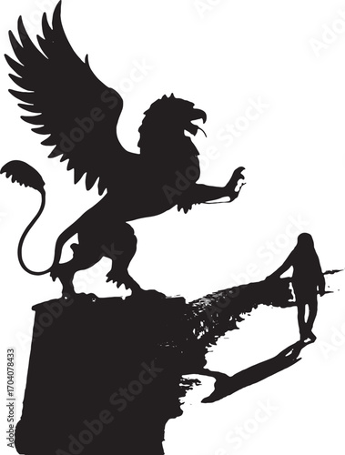 Gryphon Sculpture: A silhouetted image of a majestic gryphon stands poised atop a weathered stone, accompanied by a tiny silhouette, exploring a world of myth and fantasy.