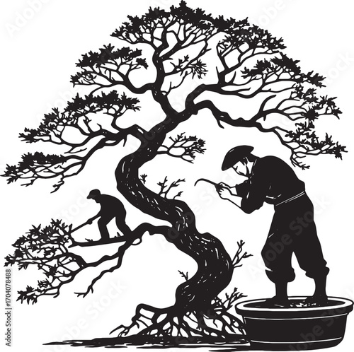 Zen of Bonsai: Two skilled bonsai enthusiasts sculpt a miniature tree, their silhouettes a testament to the patience and artistry of the practice.