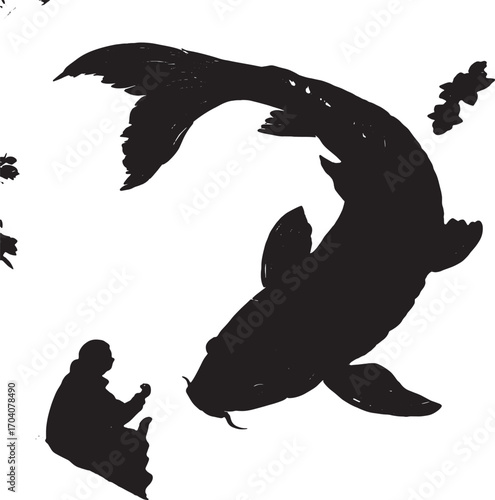 Silhouette of a koi carp in pond: A tranquil, artistic scene captures a silhouetted individual seated by the pond, observing the graceful koi carp.