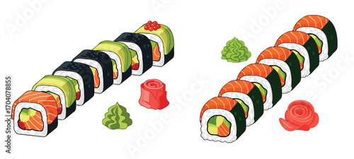 Two Rows Sushi Salmon Avocado Seaweed Wasabi Ginger White BG