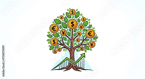 A money tree with dollar, euro, and yen symbols as leaves, symbolizing financial growth and investment success