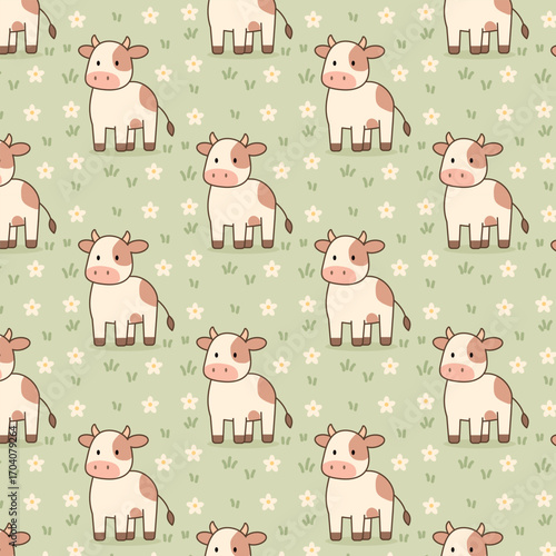 Pattern of cute cows in a meadow kawaii