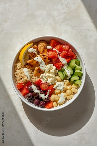 Top-down professional food photo of a Mediterranean grain bowl with couscous, grilled chicken, and fresh vegetables