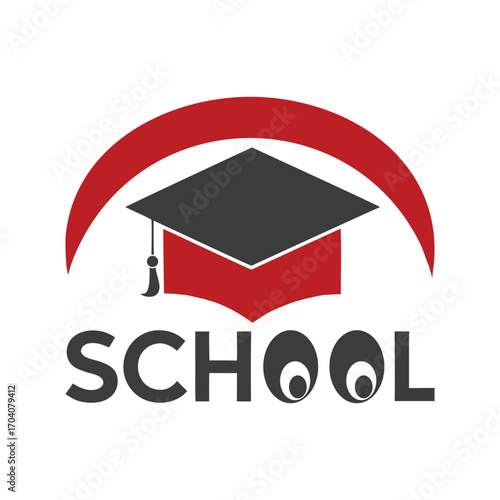 Graduation cap and mortarboard with tassel above the word S C H O L education