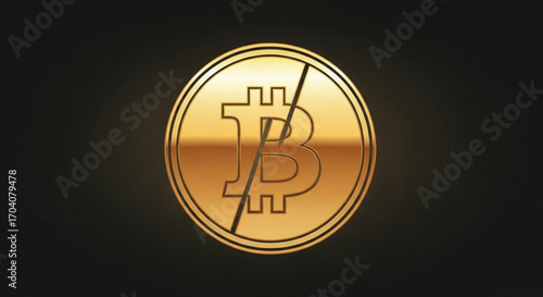 A golden bitcoin coin with a diagonal line through it, symbolizing the concept of banning or rejecting cryptocurrency on a dark background