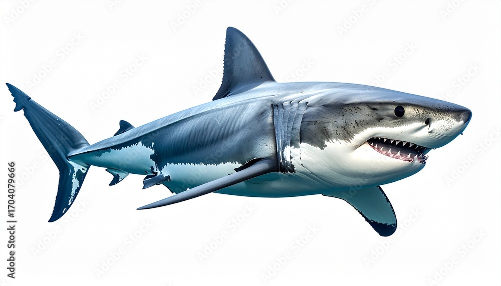 Naklejka premium Great white shark with streamlined gray body sharp triangular teeth large dorsal fin and powerful aquatic predator sea animal isolated on white background 