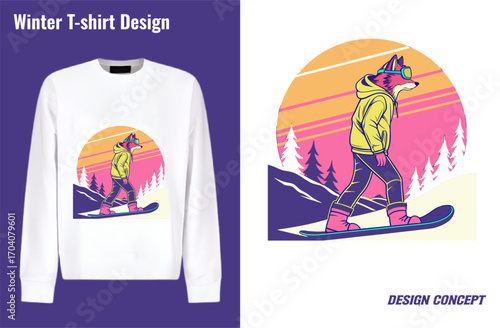 Vibrant Winter T Shirt Design Concept Featuring a Fox Snowboarder with Retro Sunset Backdrop